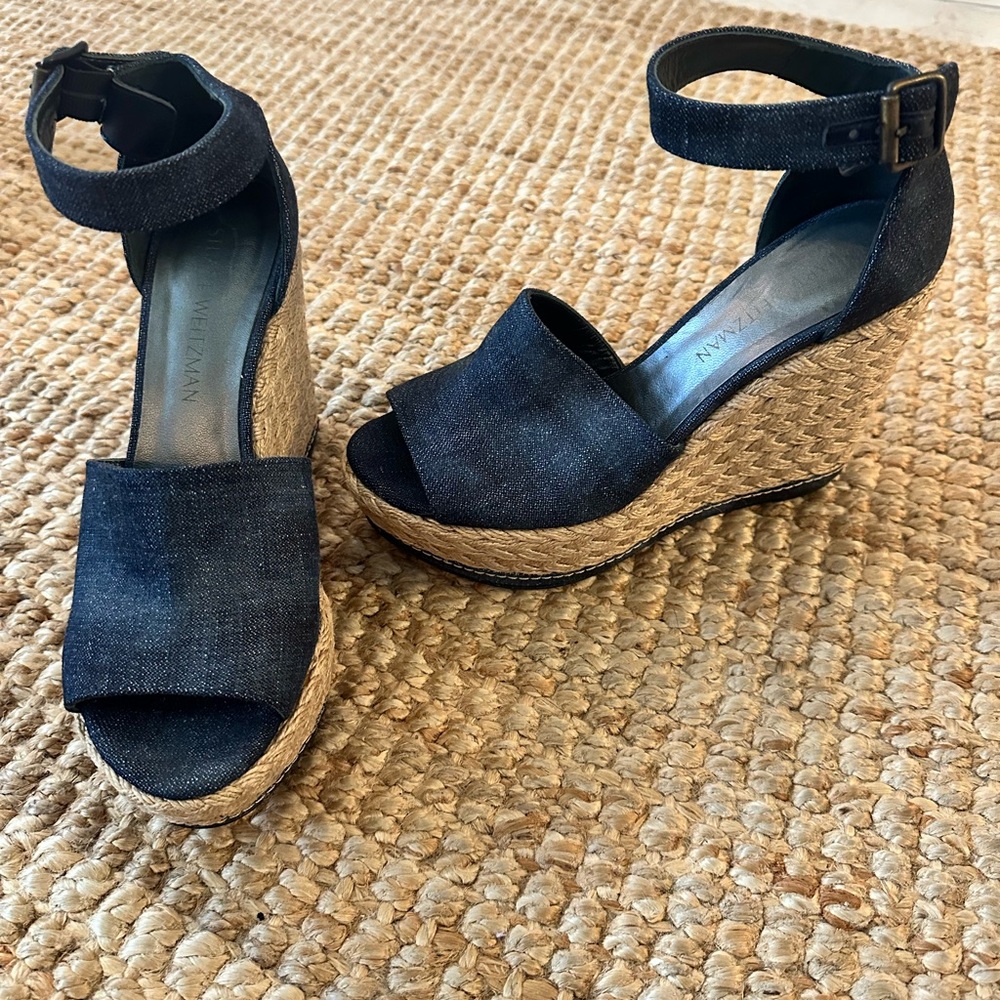 STUART WEITZMAN SOHO DENIM ESPADRILLE WEDGE SANDAL SIZE 8